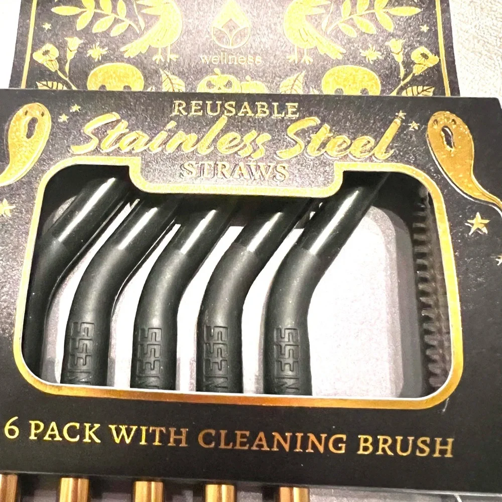 New Gold & Black Set of 5 Pack Stainless Steel Straws Cleaning Brush Reusable